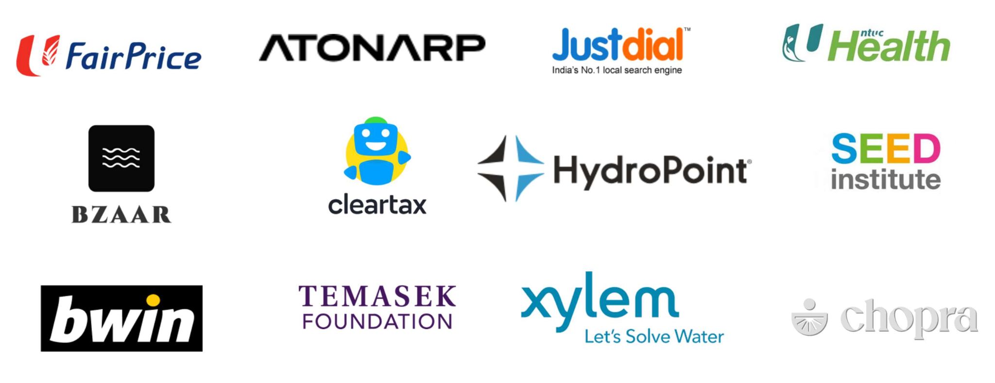 Client logos: FairPrice, Atonarp, Justdial, NTUC Health, Bzaar, Cleartax, HydroPoint, SEED Institute, bwin, Temasek Foundation, Xylem, Chopra